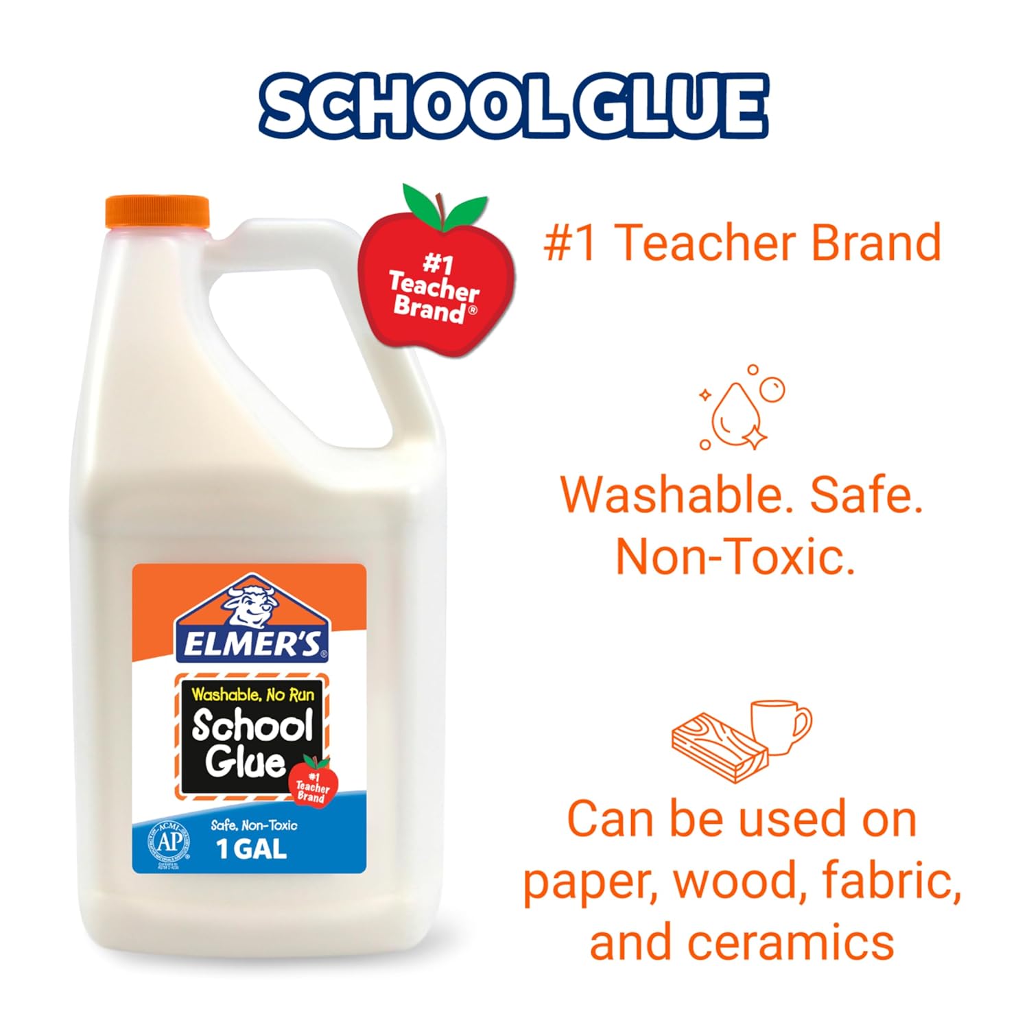 Elmer's White Liquid School Glue, 1 Gallon, Safe, Washable, 1 Count, - #1 Teacher Brand, Bulk Arts & Crafts, Projects, Classroom Supplies, Great for Making Slime