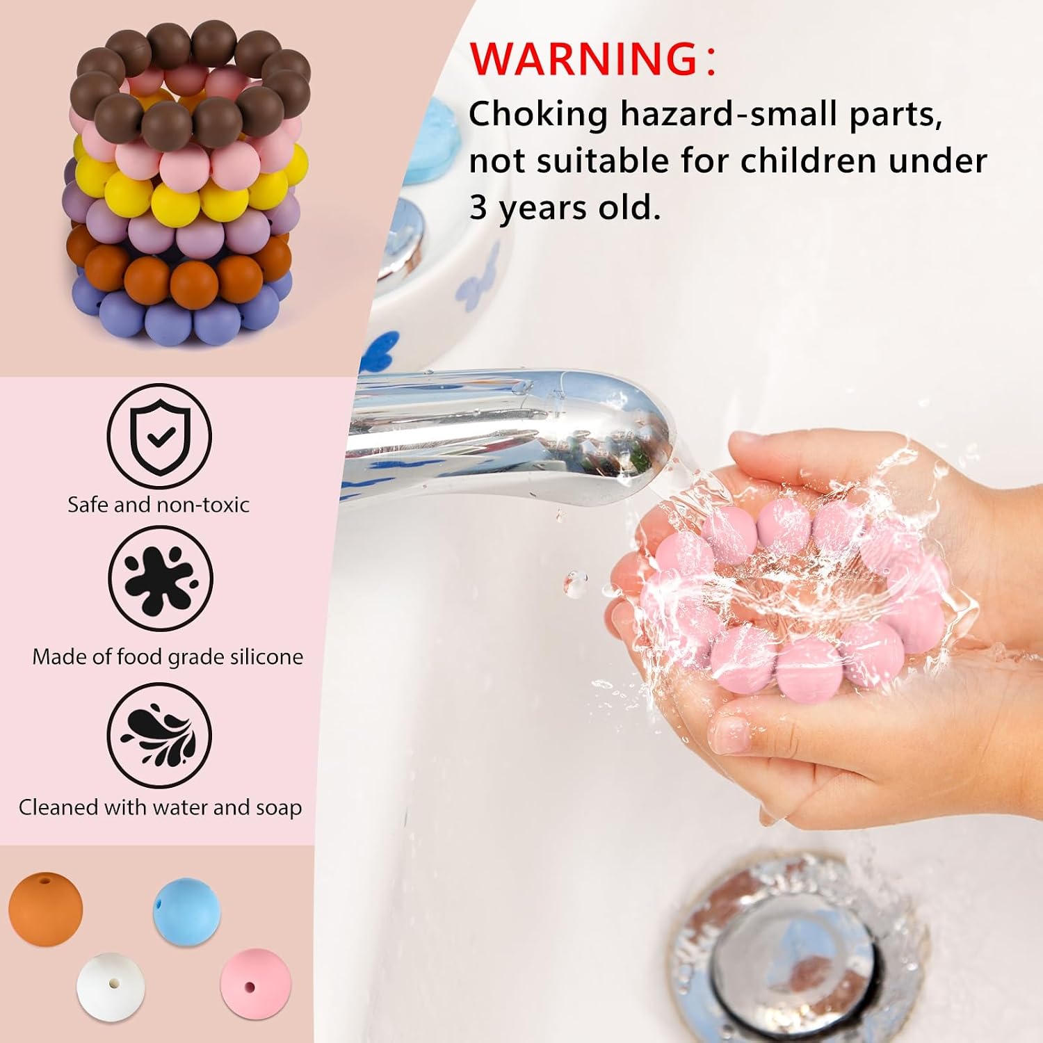 ASTARON 100 Pcs 15mm Dusy Pink Black Silicone Beads for Keychain Making
