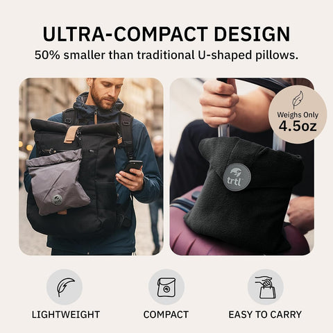 Trtl Pillow - Scientifically Proven Neck Support Travel Pillow for Airplanes - Lightweight and Machine Washable - Ergonomic Design for Traveling on Cars and Trains - Black