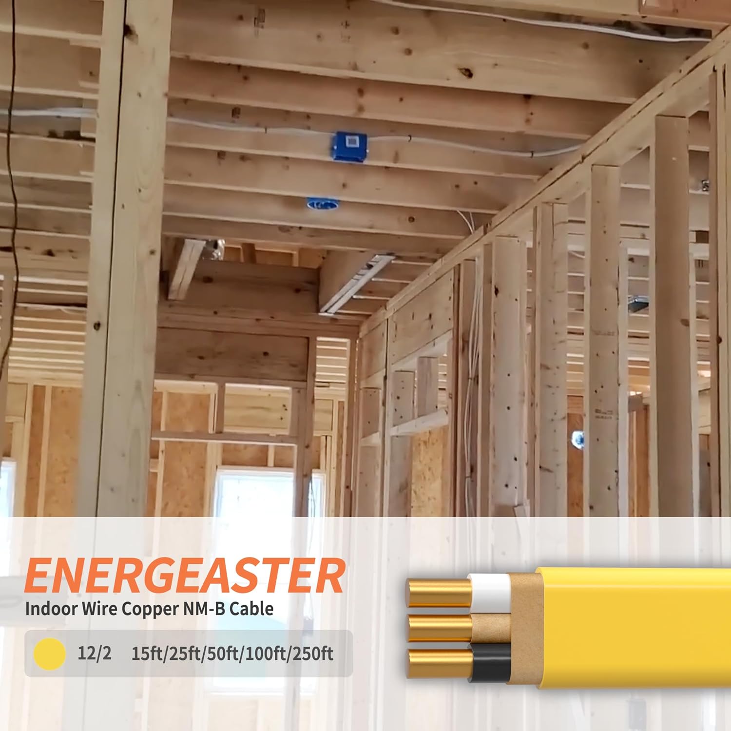 Energeaster Solid Indoor 12/2 W/G NMB Cable 100ft, Electrical Wire, Yellow