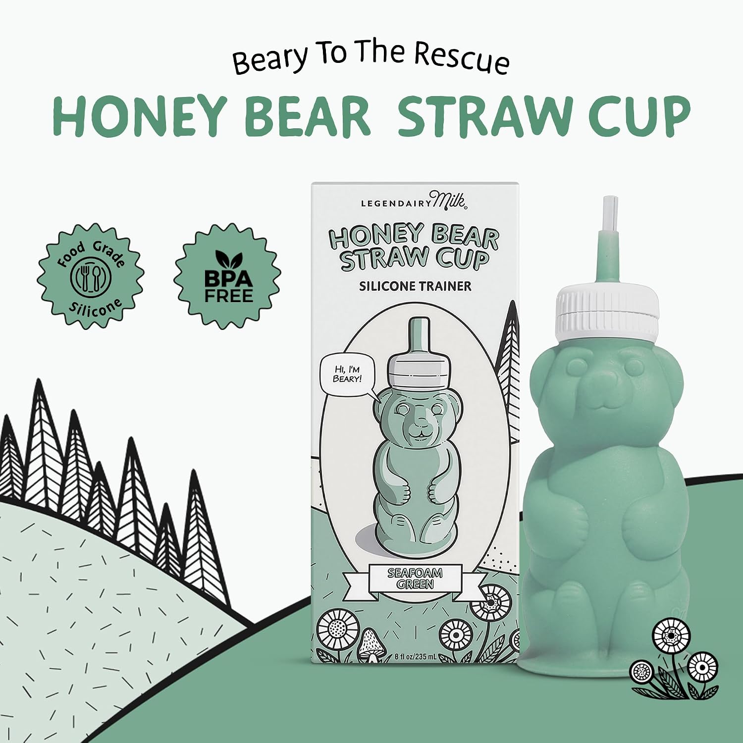 Legendairy Milk Honey Bear Straw Cup Silicone for Babies (Green), 8 oz. Dishwasher Safe, Food Grade Silicone, Honeybear Sippy Cup for Ages 4+ Months (Pack of 2)