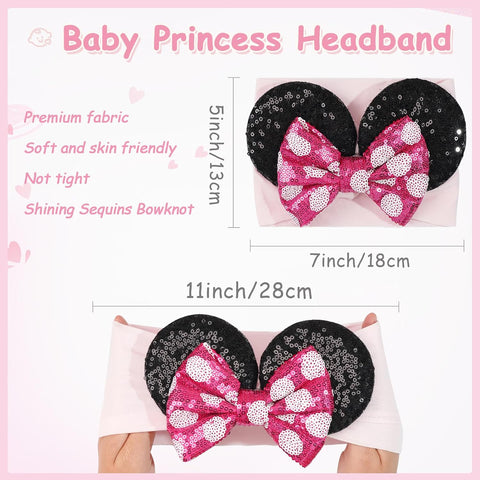 2PCS Baby Girl Rose Red Blue Headbands Mouse Ear Nylon Sequins Headbands