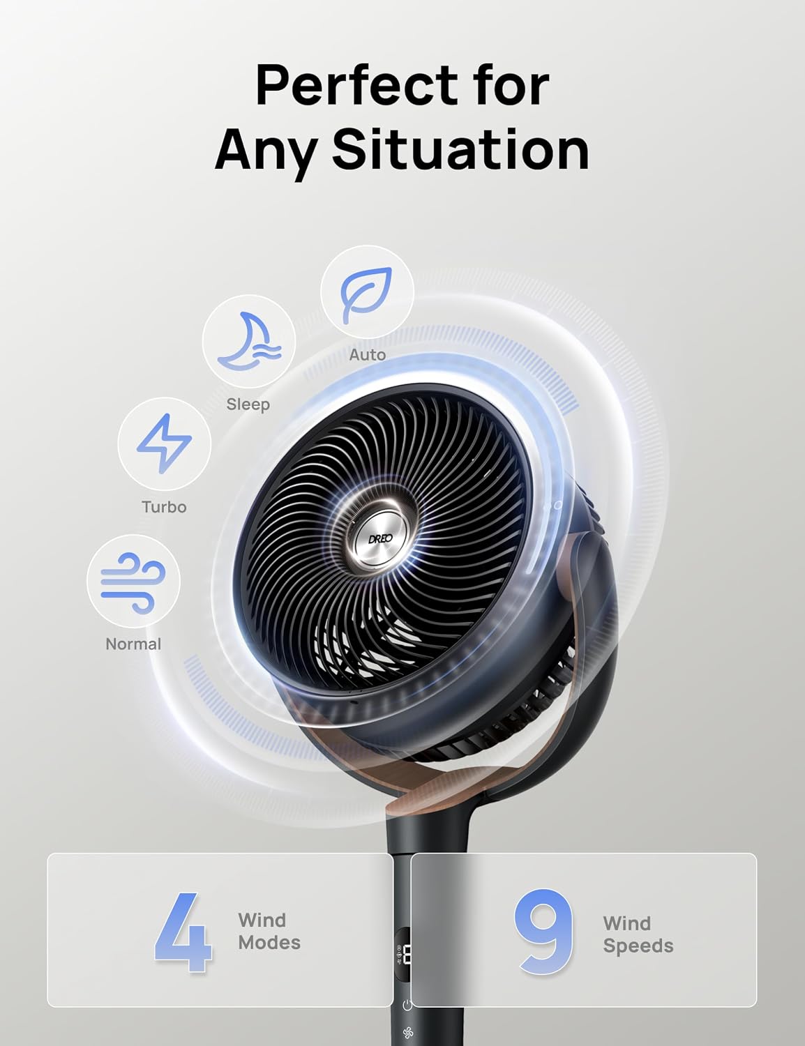 DREO Fan for Bedroom, 120° Oscillating Standing Fan, Quiet Floor Fan with DC Motor, Pedestal Fan for Room, 9 Speeds, 4 modes, 120° Manual Vertical, 37-42" Adjustable Height, 9H Timer, Dark Gray