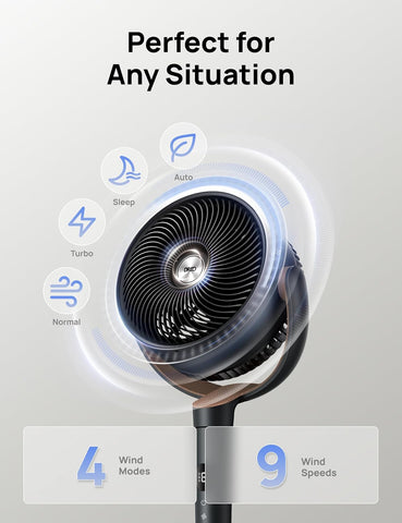 DREO Fan for Bedroom, 120° Oscillating Standing Fan, Quiet Floor Fan with DC Motor, Pedestal Fan for Room, 9 Speeds, 4 modes, 120° Manual Vertical, 37-42" Adjustable Height, 9H Timer, Dark Gray