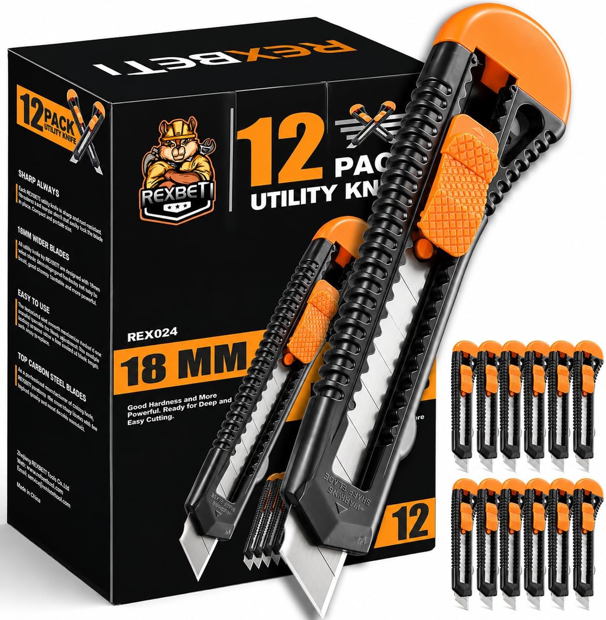 REXBETI 12-Pack Utility Knife, Retractable Box Cutter for Cartons, Cardboard and Boxes, 18mm Wider Razor Sharp Blade, Smooth Mechanism, Perfect for Office and Home use