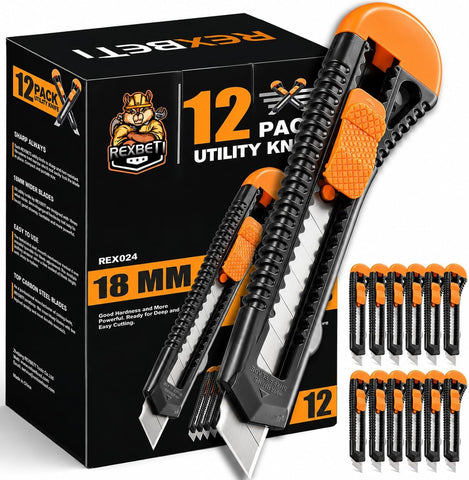 REXBETI 12-Pack Utility Knife, Retractable Box Cutter for Cartons, Cardboard and Boxes, 18mm Wider Razor Sharp Blade, Smooth Mechanism, Perfect for Office and Home use