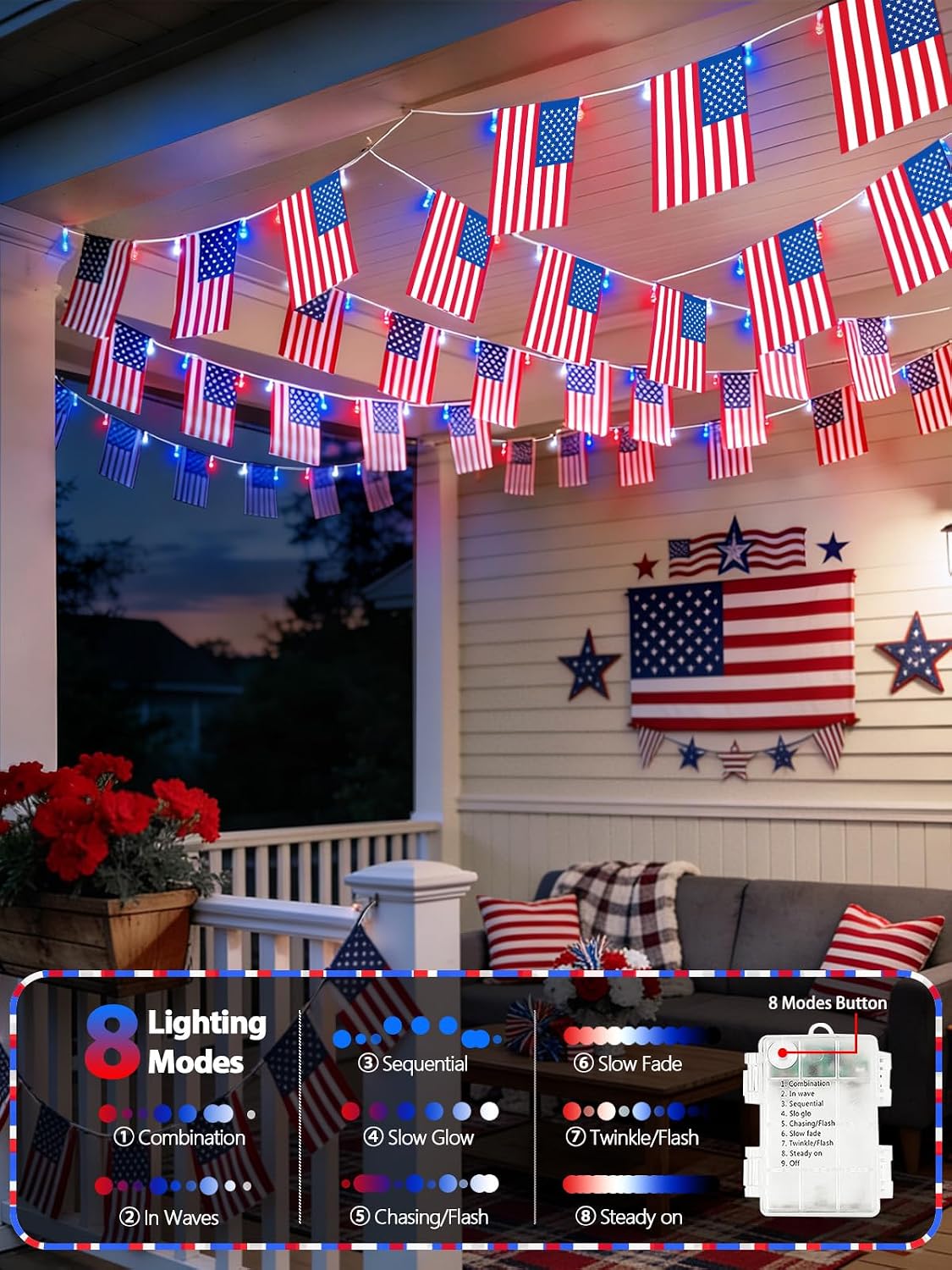4th of July Lights 24FT Red White Blue Flag LED String Lights with Remote