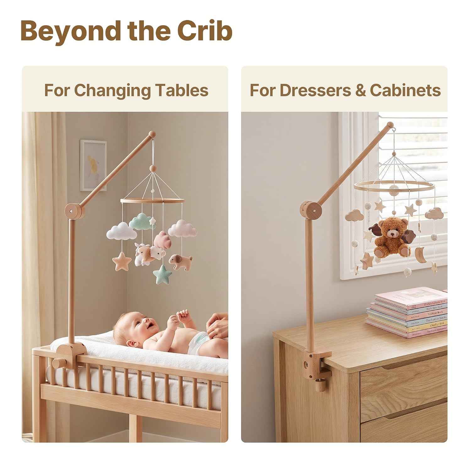 HI BABY MONMENT Crib Mobile Arm - Rotating Baby Mobile Hanger, Natural Beech Wood, Mobile Stand for Crib Nursery Decor, Perfect for Baby Girl or Boys