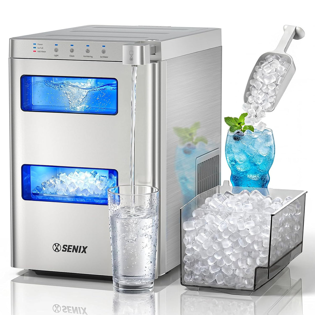 SENIX Nugget Ice Maker Countertop, 2 in 1 Portable Soft Pellet Ice Machine