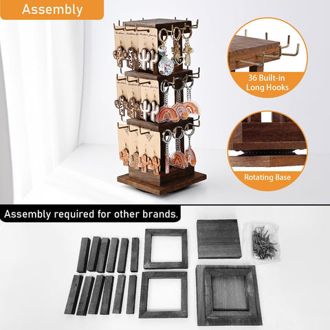 Ikee Design 36 Hooks Wood Rotating Jewelry Keychain Holder Display Stand