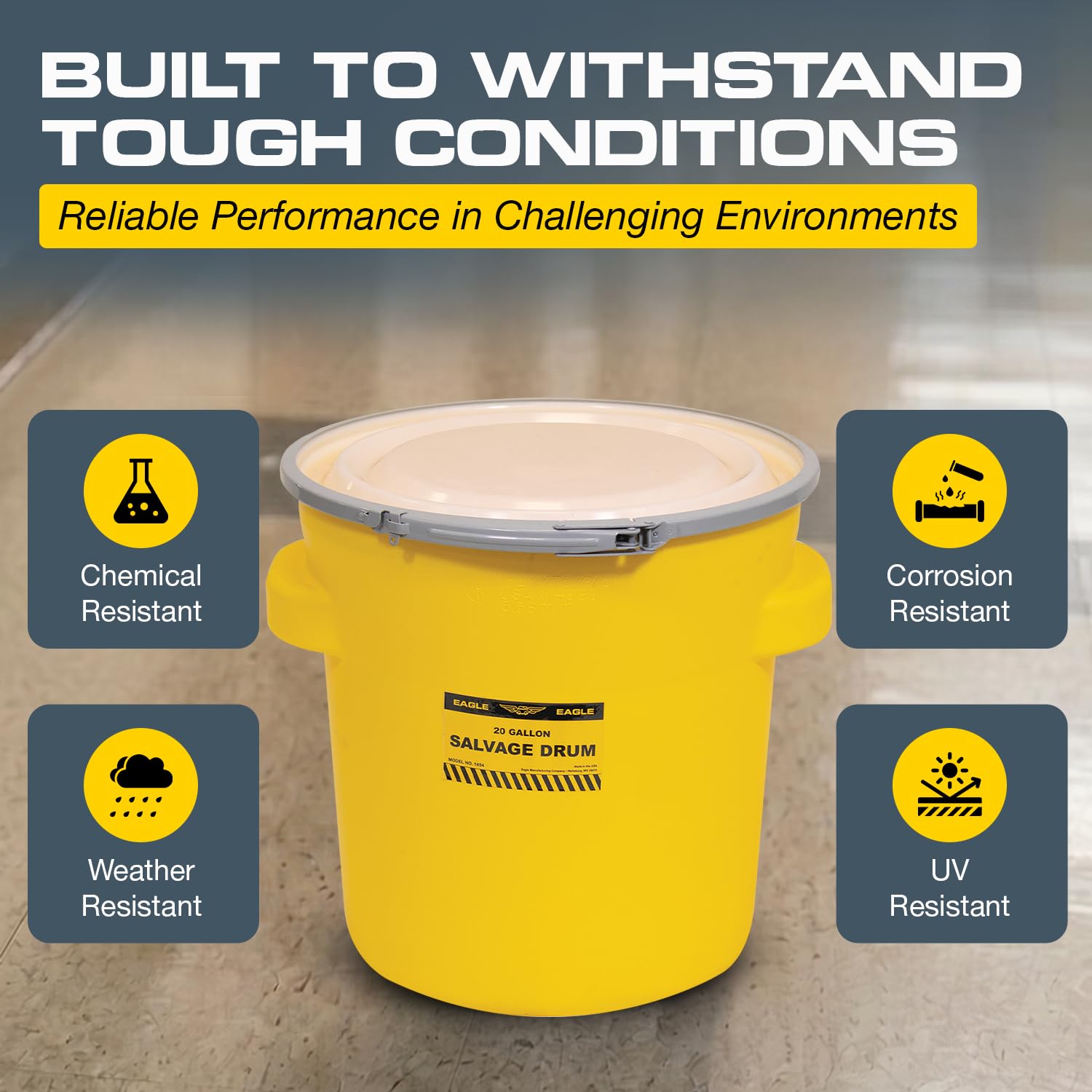 Eagle Plastic Drum, 20 Gallon Drum, DOT Compliant, Made in USA, Yellow