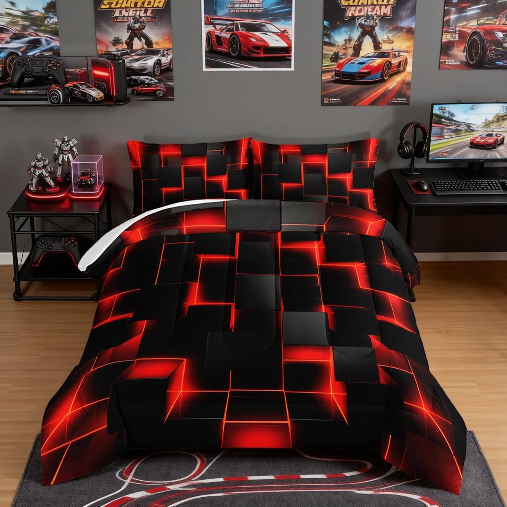 HOSIMA Red Black Geometric Honeycomb Queen Comforter with 2 Pillowcases.