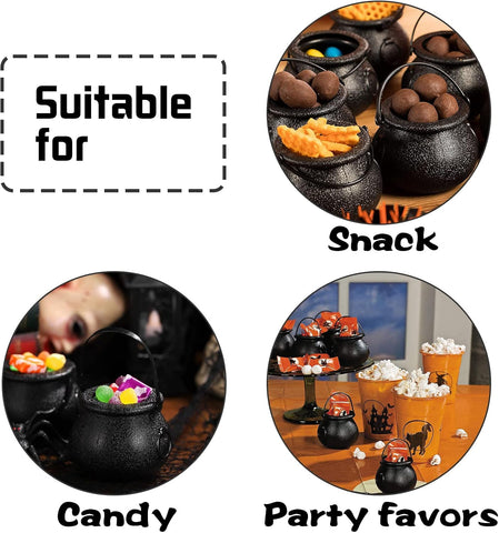 Lshfwn 24 Pack Plastic Cauldron,Black Mini Witch Cauldron with Handle,Halloween Candy Cauldron Kettles,Plastic Candy Holder for Party Decoration Supplies St Patrick's Day