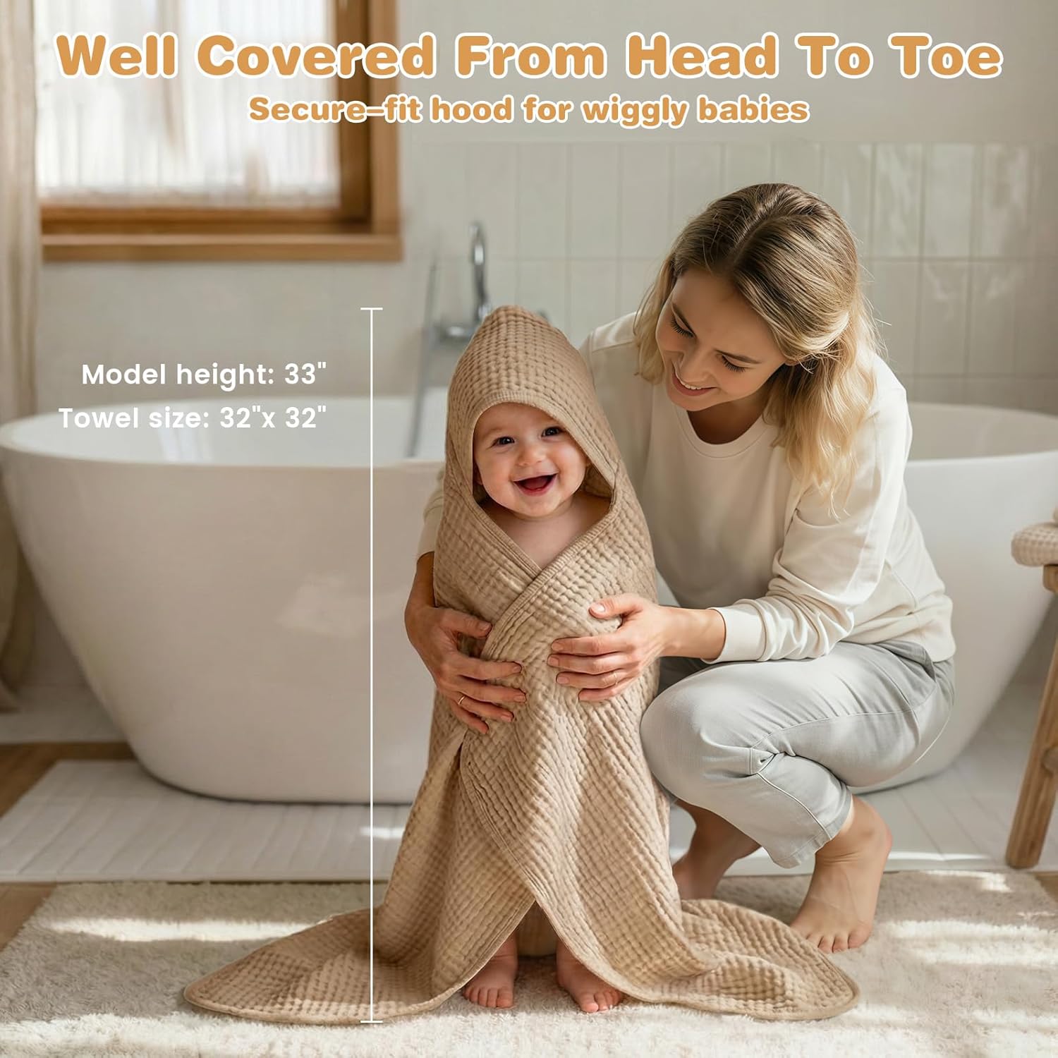 Muslin Hooded Baby Towels 2 Pack, 100% Cotton Baby Bath Towels for Newborn