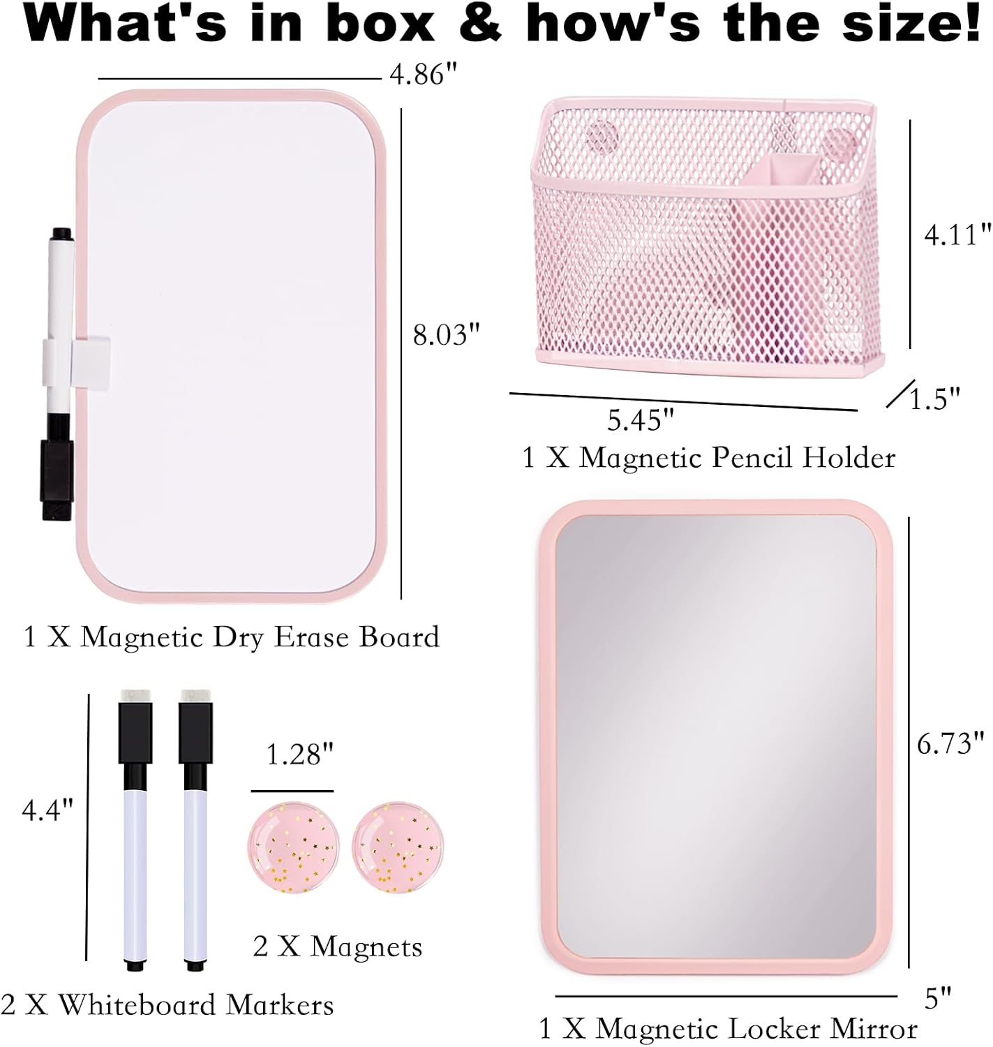 Svartur Magnetic Locker Accessories for Girls with Magnetic whiteboard, Locker Mirror and Magnetic Pen Holder, Pink Locker Decoration for School Locker, Back to School Essentials