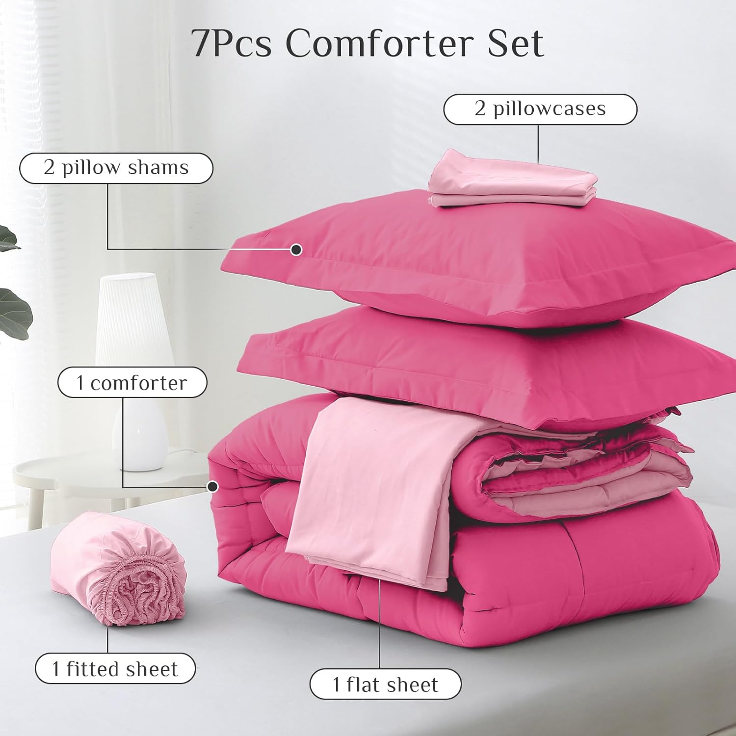 JOLLYVOGUE Queen Comforter Set, Ultra-Soft Bed in a Bag Queen Size 7 Pieces, Oeko-TEX Certified Bedding Set with Down Alternative Comforter, Sheets, Pillowcases & Shams, Hot Pink & Baby Pink