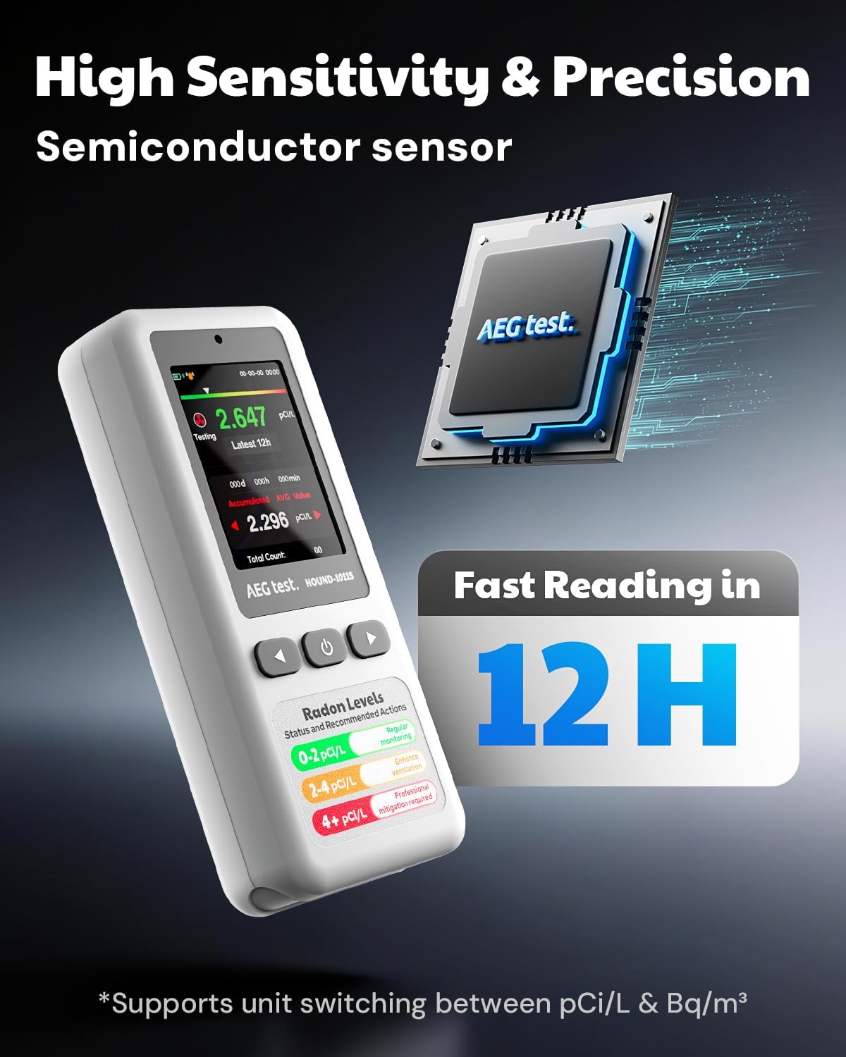 HOUND-1011S Portable Radon Detector, High-Accuracy Sensor for Home, Lightweight, Audible & Visual Alarms, Long-Term Monitoring, Easy-to-Use Radon Tester in pCi/L or Bq/m³ for Basement
