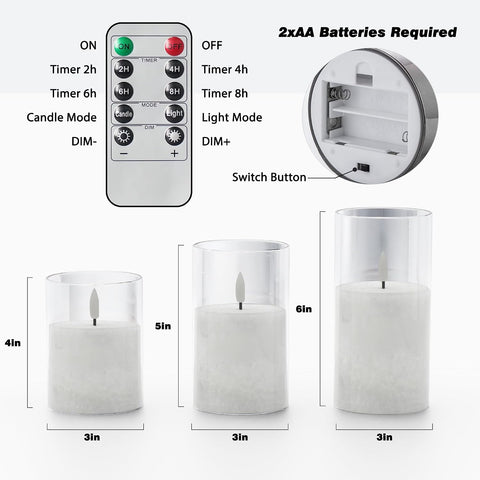 VIODAIM Ice Crystal Real Wax Glass Flameless Candles with Remote & Timer, Battery Operated Candles with Warm Flickering Flame, Realistic LED Candle for Wedding Home Decor [D3×H4/5"/6"] Clear, 3Pack