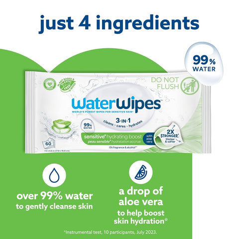 WaterWipes Sensitive+ Hydrating Boost Wipes, 3-In-1 Cleans, Cares, Hydrates, 99% Water with Aloe Vera, Unscented & Hypoallergenic Baby Wipes, 60 Count (1 Pack)
