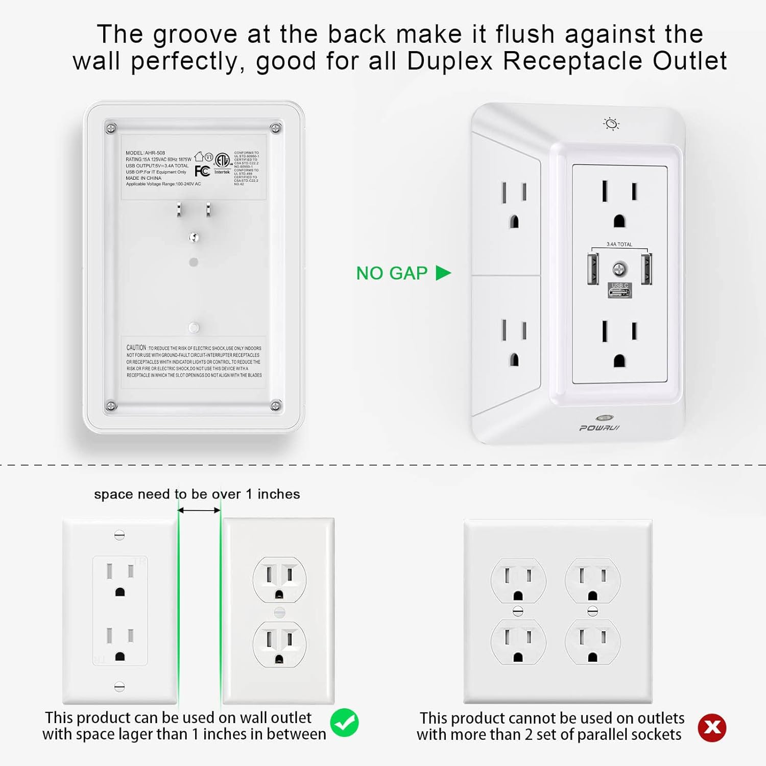 Multi Plug Wall Outlet Night Light, POWRUI 6 Outlet Extender & 3 USB Ports