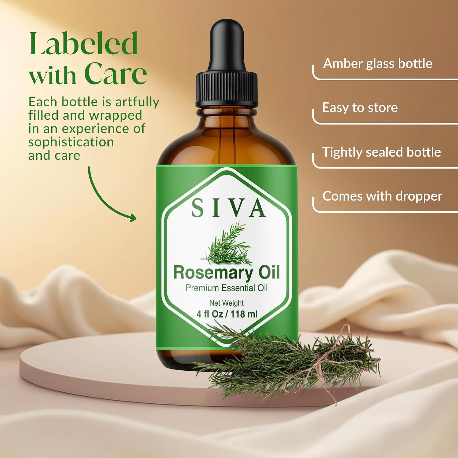 Siva Rosemary Essential Oil, Glass Bottle with Dropper, 4 Fl Oz (118 ml)
