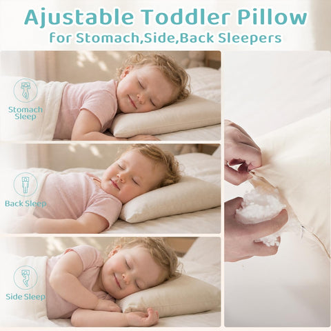 Adjustable Toddler Pillow for Ages 2-4 with Organic Cotton Pillowcase