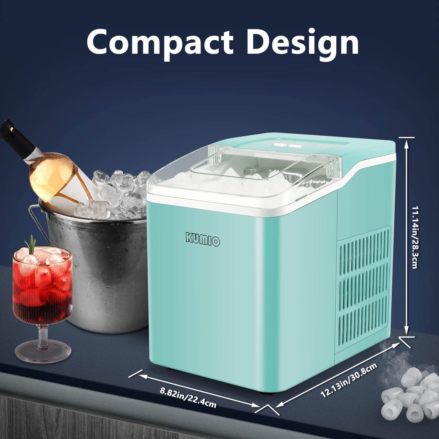 KUMIO Ice Makers Countertop, 9 Bullet Ice Ready in 6-8 Mins, 26.5 lbs/24 hrs, Self-Cleaning Ice Maker, Portable Ice Machine with Ice Scoop & Basket, Blue