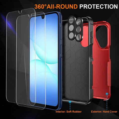 for Samsung Galaxy A17 5G Phone Case, [Military Grade Drop Protection] [Glass Screen Protector + Camera Lens Protector] Non-Slip Shockproof Case (Red)