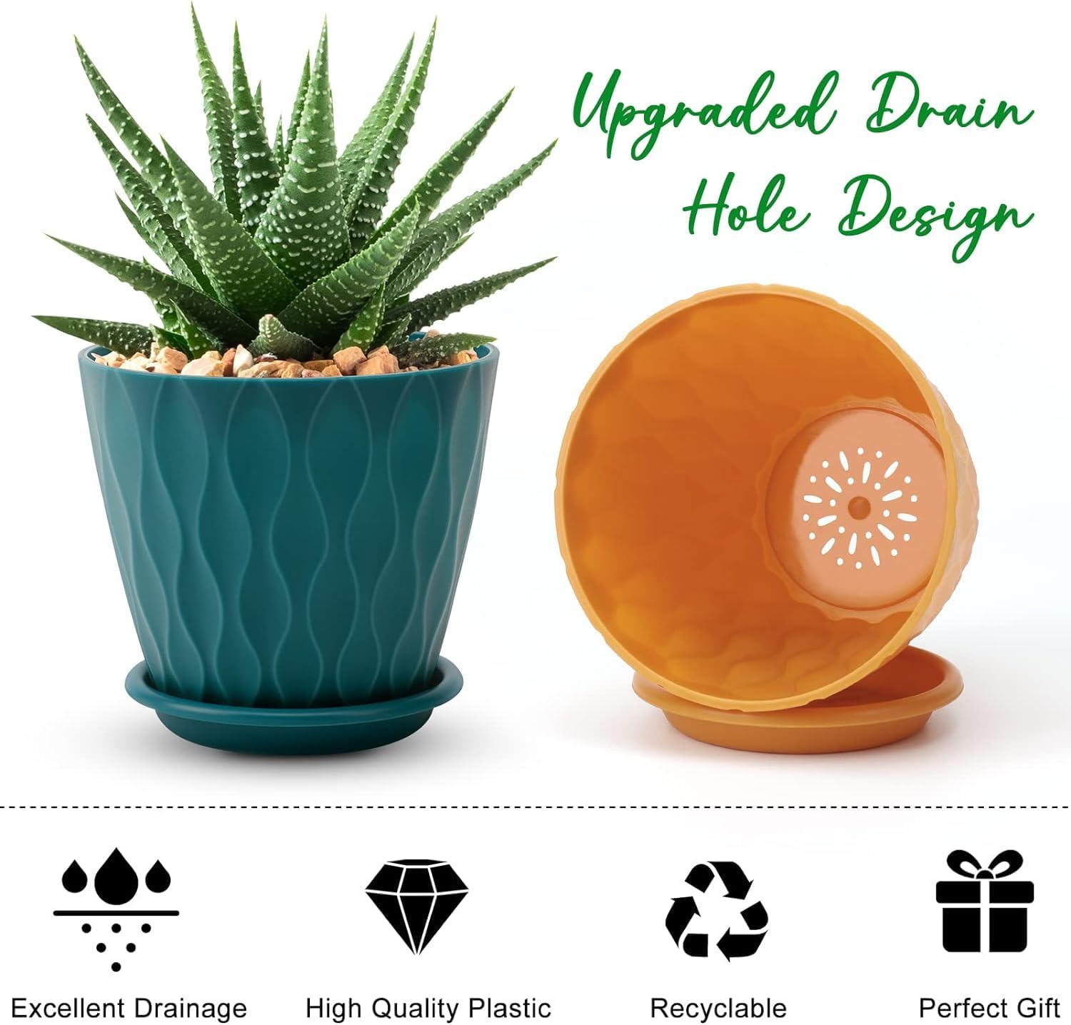 YNNICO 6 inch Plant Pots 5 Pack Plastic Planters with Drainage & Saucers