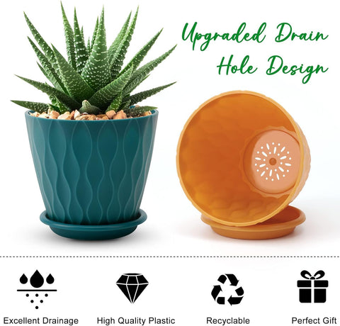YNNICO 6 inch Plant Pots 5 Pack Plastic Planters with Drainage & Saucers
