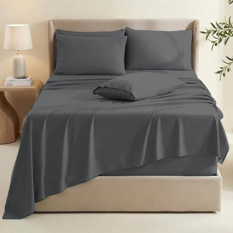 Hearth & Harbor Extra Deep Pocket King Size Sets - Fits Mattress 18-24 Inches Deep - Extra Deep Pocket Sheets - 6 Piece King Size - Grey