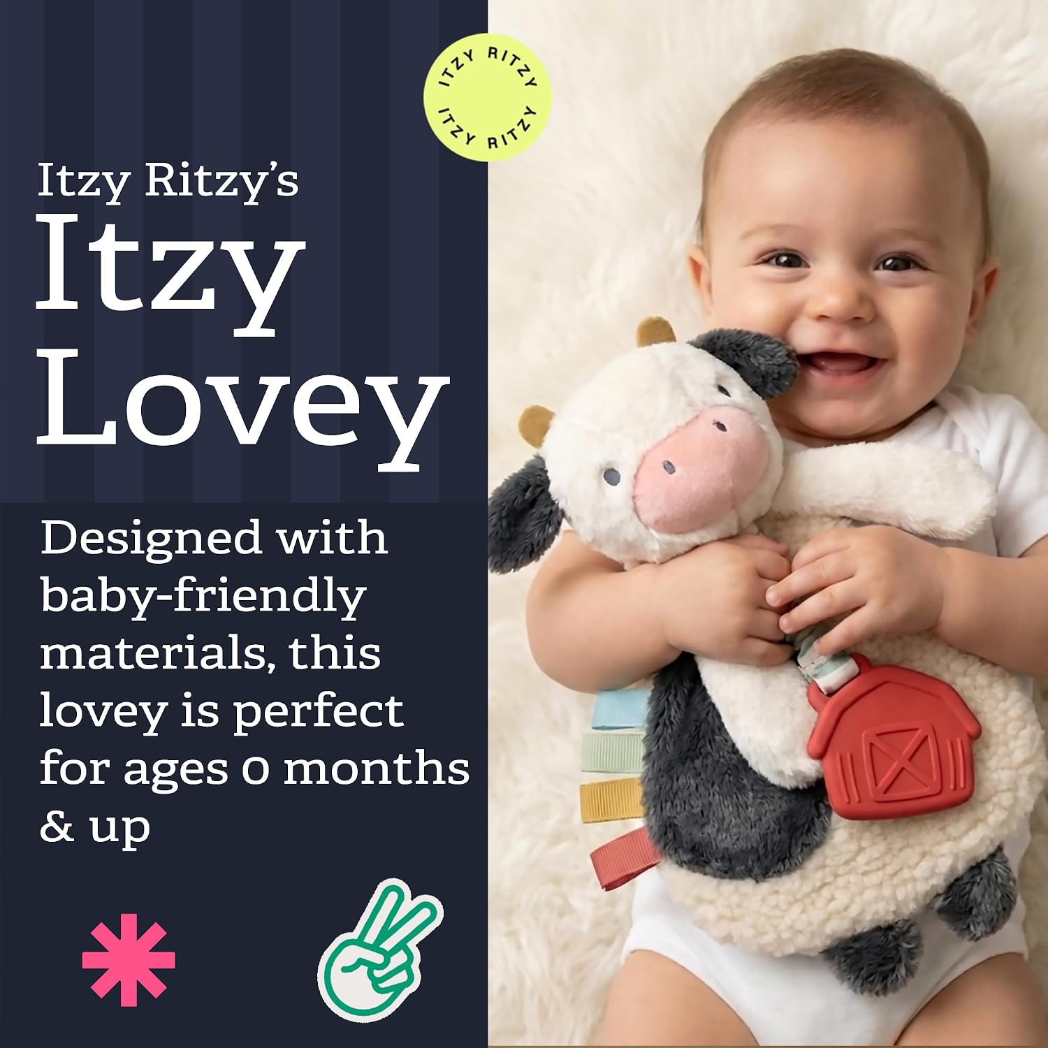 Itzy Ritzy Lovey Including Teether, Teething Relief, 0 Months & Up (Cow)