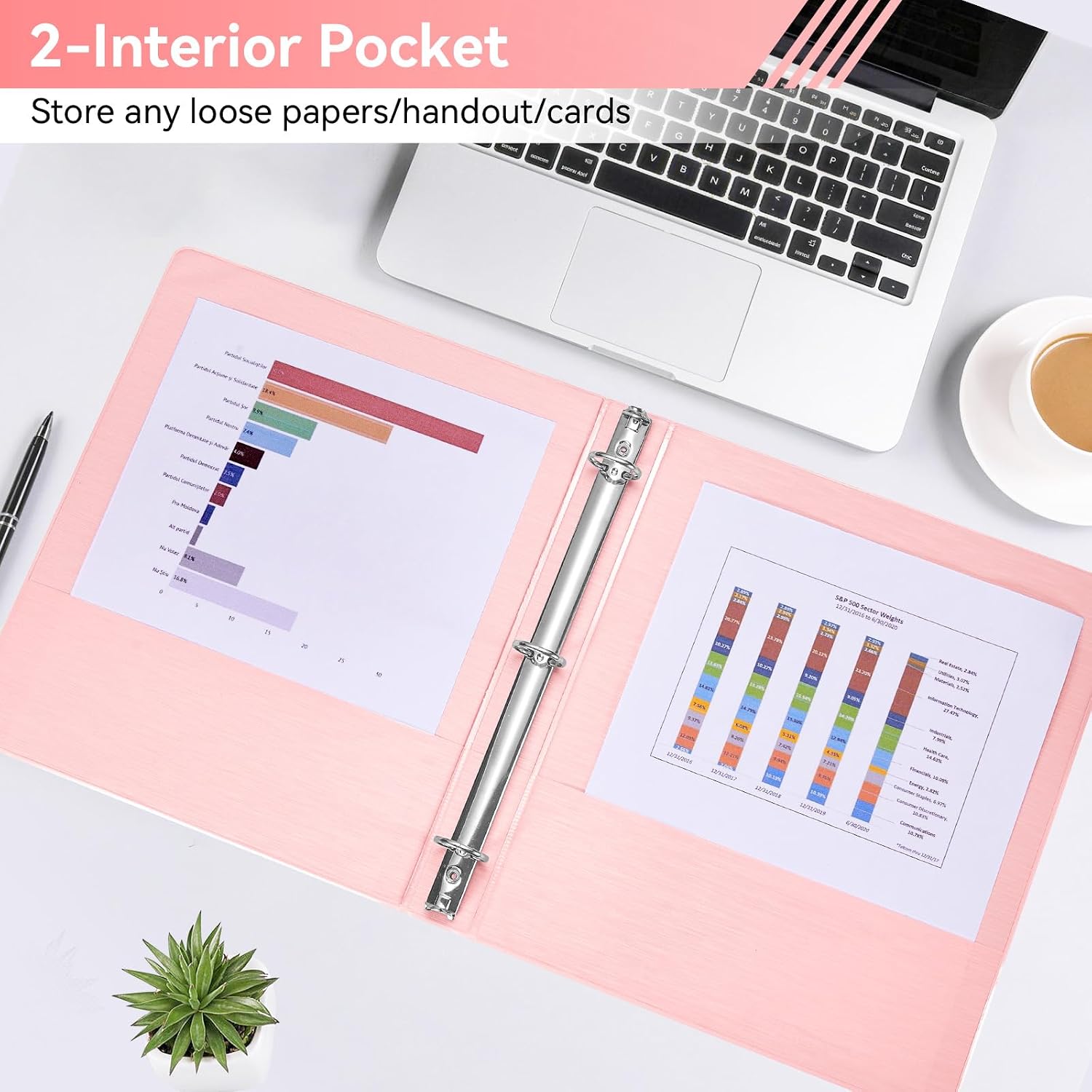 SUIN 1 Inch 3 Ring Binder, Clear 1'' View Presentation Binders with 2 Pockets, Fits 8.5 x 11 Letter Size, Durable Polypropylene, Non-Stick & PVC-Free for School, Office & Home (Brushed Pink)