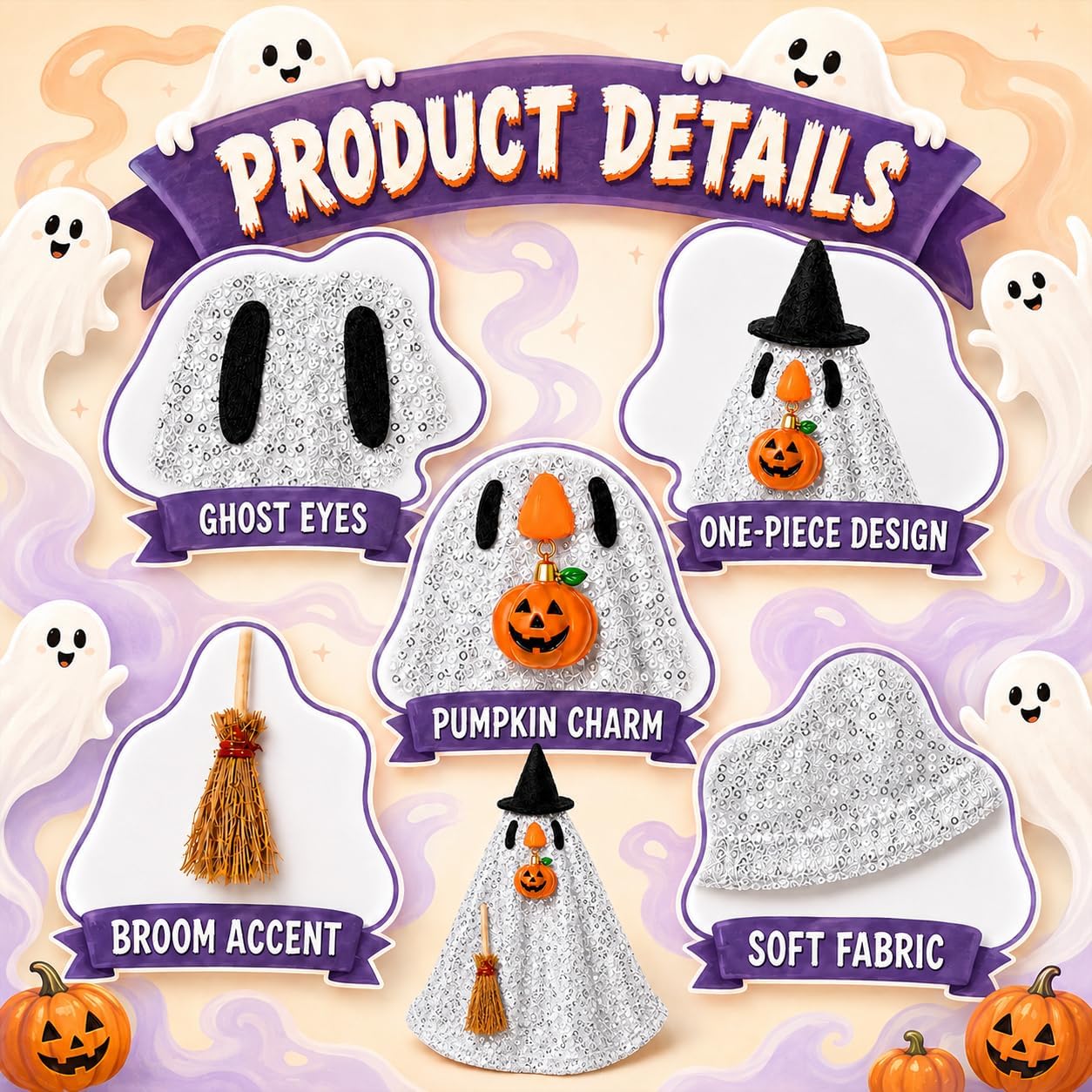 7 Inch Desk Goose Outfits, Mini Desktop Fall Goose Pumpkin Outfit, Ghost Desk Goos Outfits (Silver Halloween Costume)