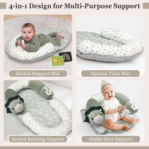 4 in 1 Tummy Time Mat with Educational Cards, Play Mat & Sitting Support for Newborn 0-12 Months, Infant Baby Sit Me Up Floor Seat, Sensory Skills Gifts, Dinosaur