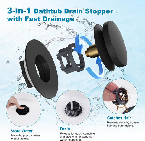 Hibbent 3 in 1 Metal Bathtub Drain Stopper, Universal Pop Up Tub Stopper