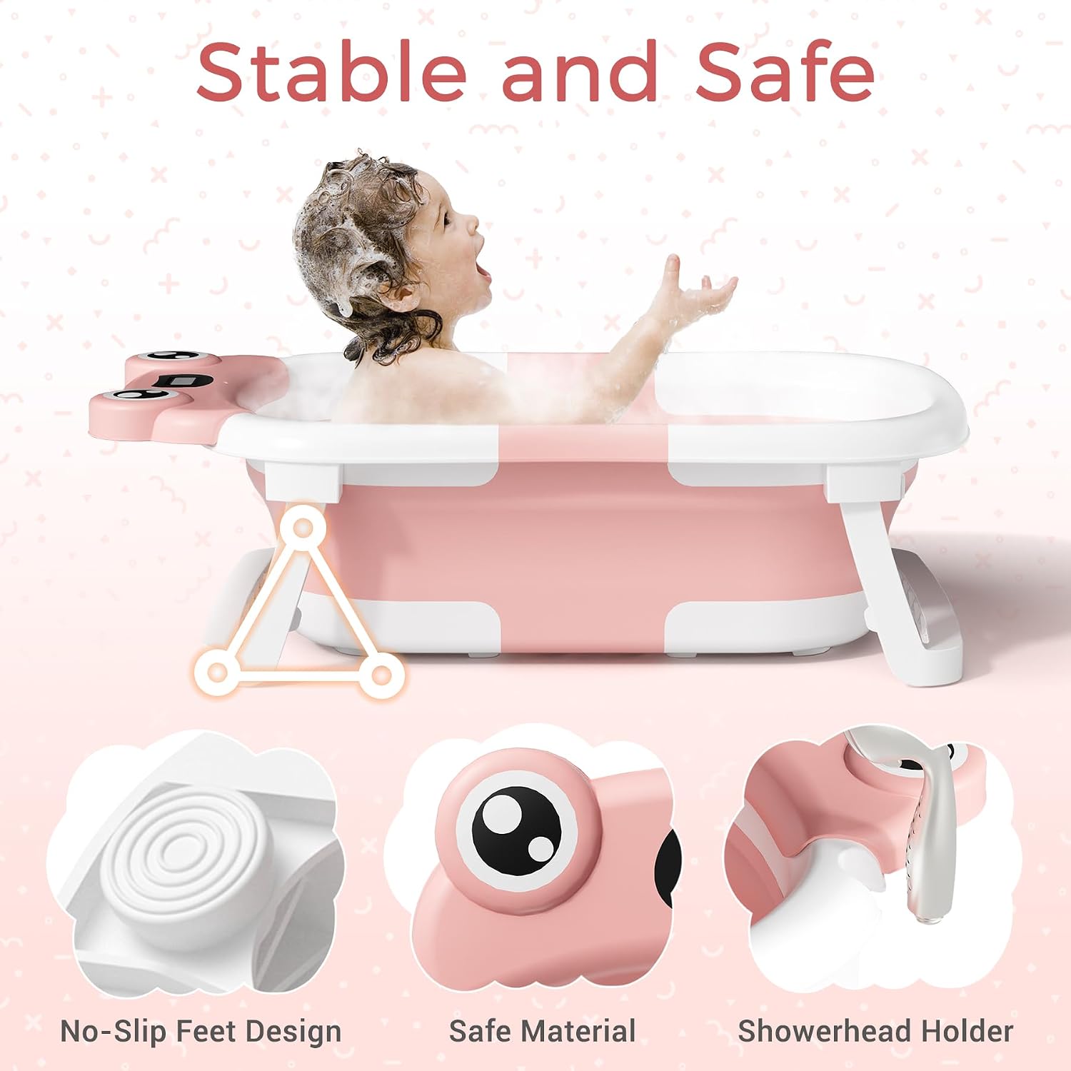 BUNWAG Baby Bathtub, Collapsible Newborn Bathtub for Infant to Toddler with Soft Cushion and Thermometer,Portable Travel Newborn Tub with No-Slip Feet, Baby Shower Gifts, 0-12 Months Baby Bath, Pink