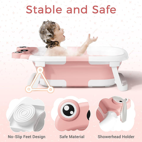 BUNWAG Baby Bathtub, Collapsible Newborn Bathtub for Infant to Toddler with Soft Cushion and Thermometer,Portable Travel Newborn Tub with No-Slip Feet, Baby Shower Gifts, 0-12 Months Baby Bath, Pink