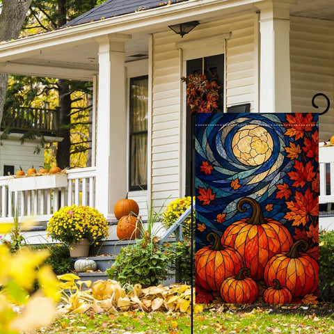 Fall Pumpkin Garden Flag 12x18 Stained Glass Yard Decor