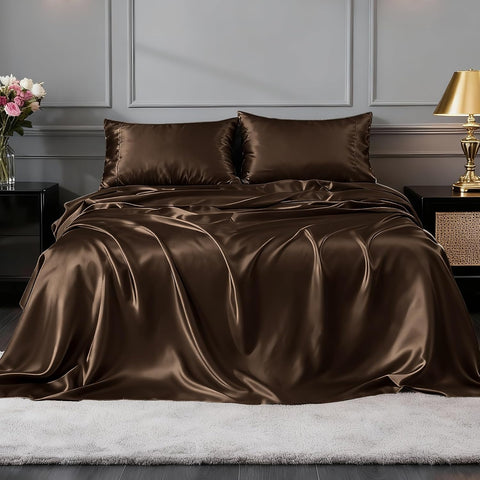 FreshCulture Satin Sheets Twin Size Bed Set - 3 Piece Luxury Soft Silky Twin Bed Sheets, Similar to Silk Sheet Set with 1 Deep Pocket Fitted Sheet, 1 Flat Sheet & 1 Pillowcase (Brown)