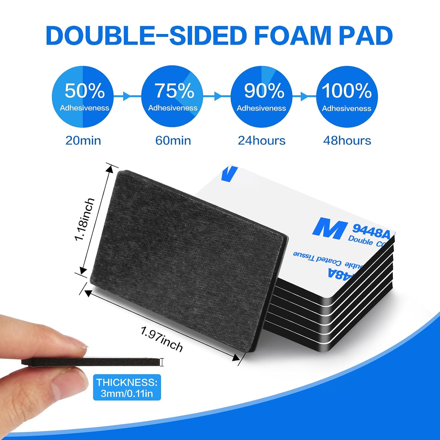 100 Pcs Double Sided Adhesive Pads,Heavy Duty Mounting Tape, 3mm Thickness Pre-Cut Foam Tape,Super-Sticky Black Strong Pads Rectangle Shape Waterproof for Walls Picture, Car, Home, Office