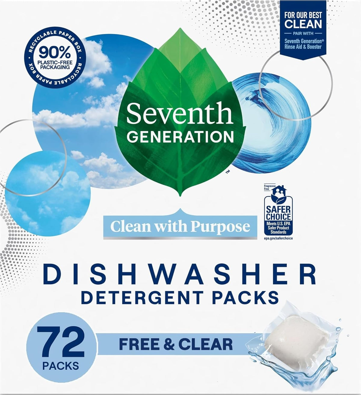 Seventh Generation Free & Clear Dishwasher Detergent Packs, 72 Count