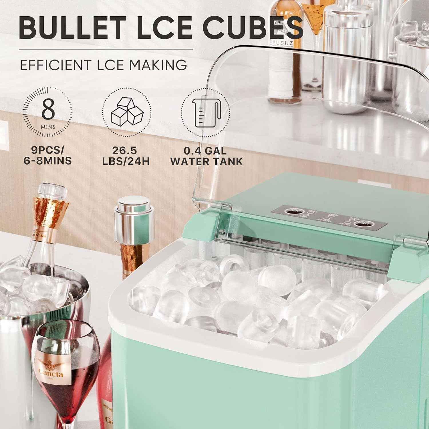DUMOS Ice Makers Countertop with Handle Ice Machine, Fast in 6 Mins, 26lbs in 24 Hours, Quiet Self-Cleaning, Compact Size Portable for Home, Kitchen, RV, Camping, Green