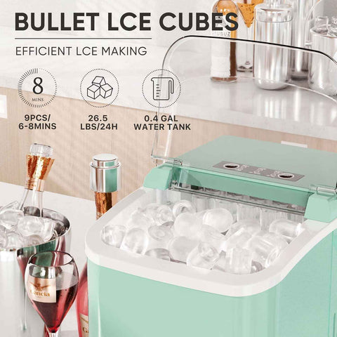 DUMOS Ice Makers Countertop with Handle Ice Machine, Fast in 6 Mins, 26lbs in 24 Hours, Quiet Self-Cleaning, Compact Size Portable for Home, Kitchen, RV, Camping, Green