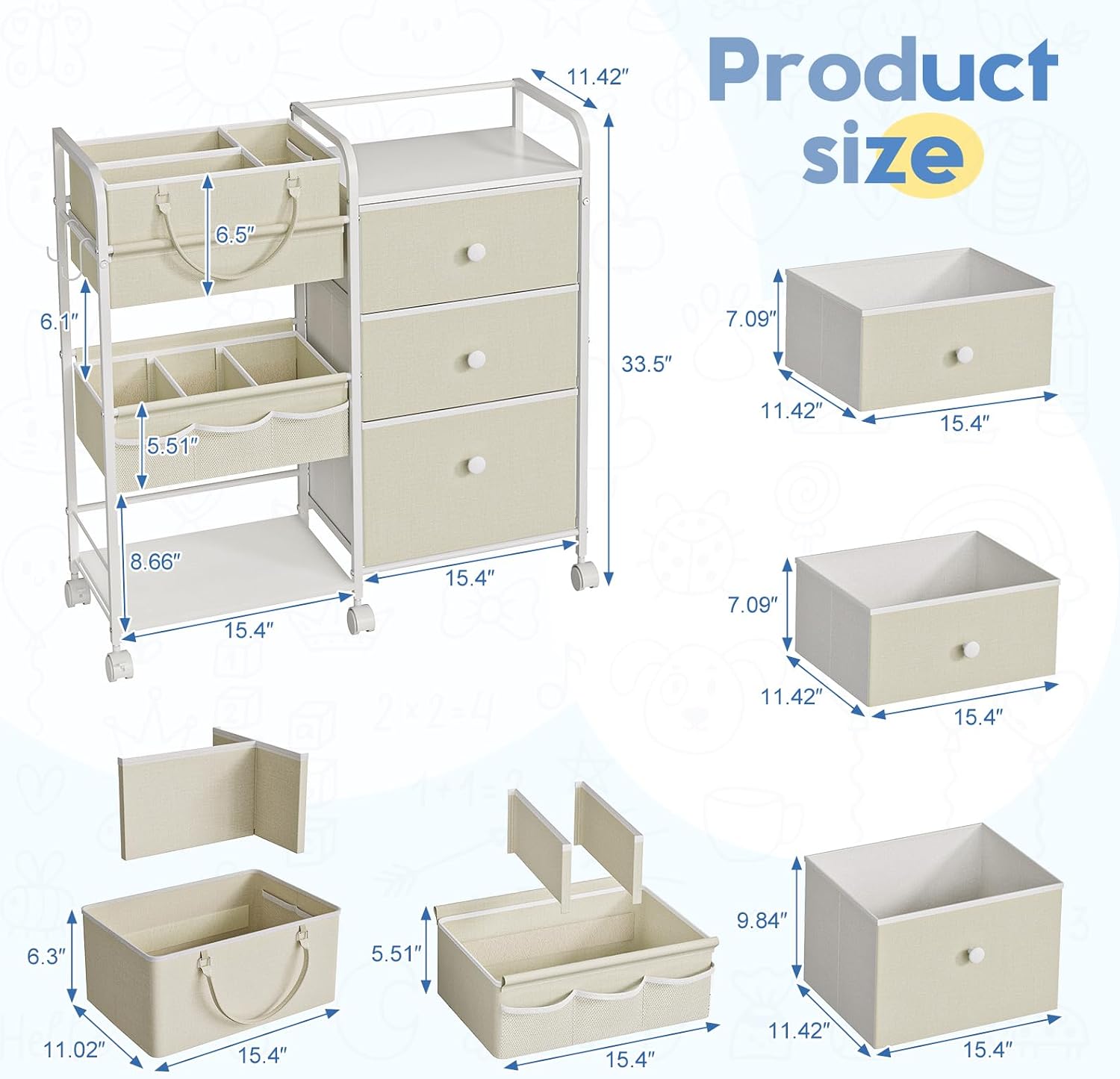 Cidaziya 2In1 Baby Diaper Caddy Organizers and Storage, 3 Tier Rolling Cart with Dividers and Drawers, Mobile Utility Cart Baby Dresser Clothes Organizer for Changing Table, Crib Nursery, Bedroom