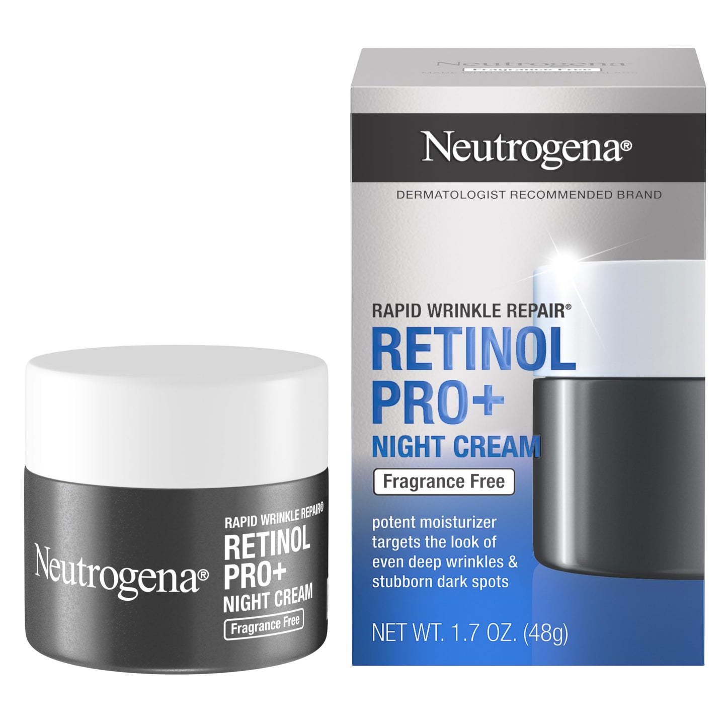 Neutrogena Retinol Pro+ Anti-Wrinkle Night Moisturizer, Rapid Wrinkle Repair, Anti-Aging Face & Neck Cream, Formulated without fragrance, parabens, dyes, & phthalates, Retinol, 1.7 oz