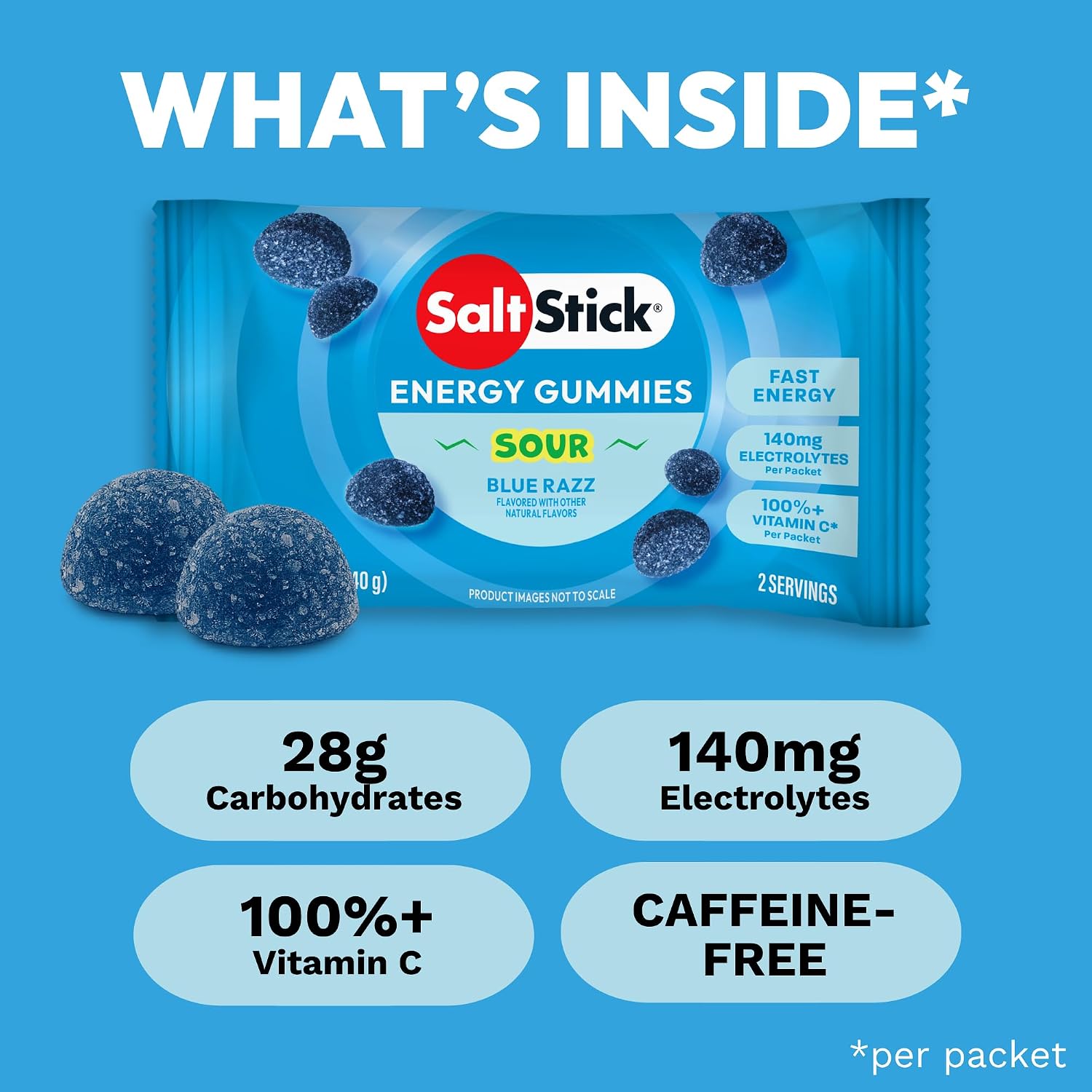SaltStick Energy Chews Blue Sour Raz Energy Gummies 10 Bags/ 20 Servings