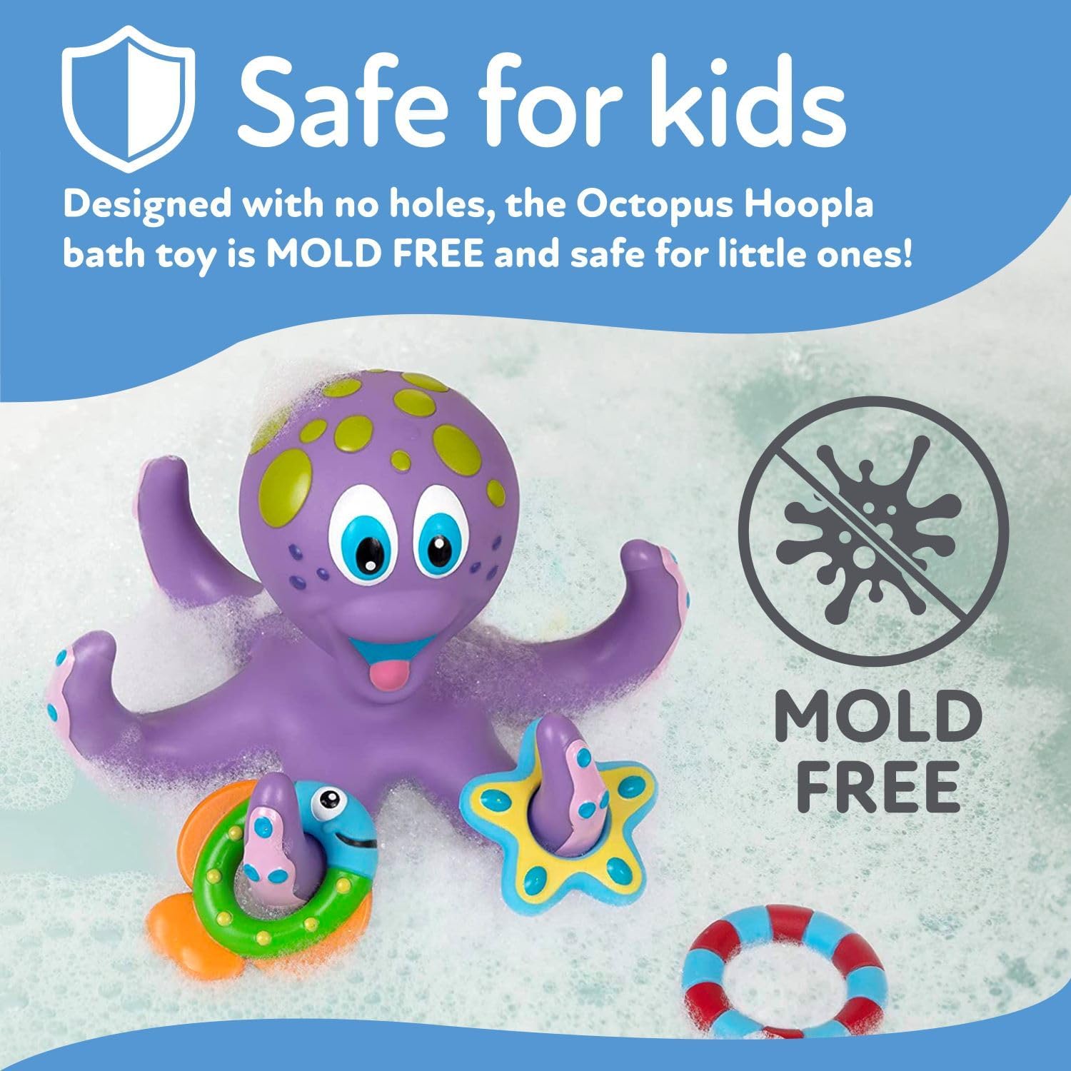 Nuby Floating Octopus with 3 Hoopla Rings - Baby & Toddler Bath Toy - No Hole Design Keeps Moisture Out - Fine Motor Skills - 18+ Months - Great Baby Pool Toys