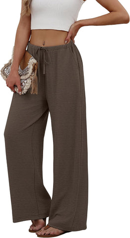 Sampeel Wide Leg Pants for Women Flowy Palazzo Drawstring Elastic Waist Trousers with Pockets Summer Beach Vacation Clothes