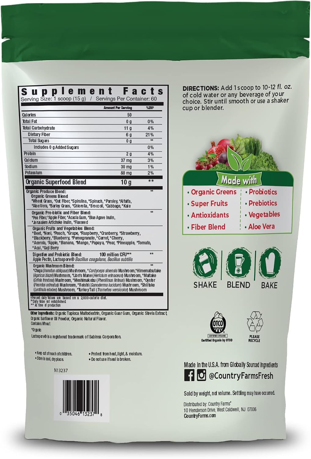 Country Farms Super Greens Natural Flavor, 50 Organic Super Foods, USDA Organic Drink Mix, Fruits, Vegetables, Super Greens, with Fiber, Mushrooms & Probiotics, Supports Energy, 60 Servings, 900g